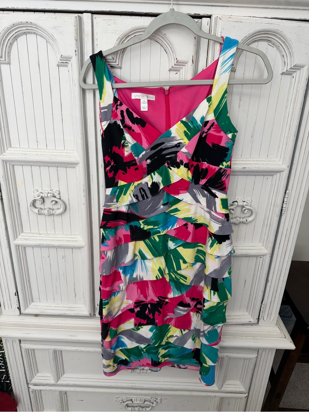 London Times Multicolor V-Neck Ruffle Dress
